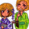 suzume: Ashe in a white and purple yukata sharing a spoonful of ice cream with Basch in a two-toned green yukata (Ashe and Basch)