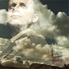 suzume: Siegfried Sassoon in uniform looking out a train window, overlaid with clouds (Sassoon looking pensive)