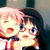 suzume: Pink-haired Madoka is hugging black-braided Homura whose red glasses are slightly askew (Won't want for love)
