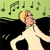 suzume: Antoine, a blond man from "Miss Don't Touch Me," wearing a cream colored suit, dancing against a black and green background with musical notes above his head (Put on your red shoes & dance the blues~)