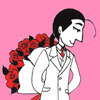 suzume: Kimblee in his signature white suit with two bouquets of red roses behind his back (I brought you sentimental roses)