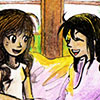 suzume: Young Mags with her wavy brown hair unrolled over her shoulders sitting with her black-haired friend Faline (Best friends)