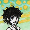 suzume: A young man with curly black hair standing in front of a yellow and green sky (In the summer heat I might)