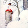 turlough: small tomte with tiny bird in snowy landscape, art by Lennart Helje ((jul) endast tomten är vaken)