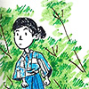 suzume: Dot-eyed Genjiro colored only in blue with green branches behind him (Sanada Genjiro(later Nobushige/Yukimura))