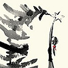 bronze_ribbons: girl reaching up to place star at top of pine (yuletide girl putting star on tree)