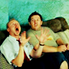 leanwellback: shaun and ed freaking out on the sofa (film- he's got an arm off!)