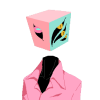 bee: An object head demon with a pastel pink box with one aqua panel for a head. The aqua panel has three black-sclera yellow eyes, and the adjacent pink panel has one sideways black-sclera pink eye with a green pupil. The demon has black skin and a pink button-up shirt. (Vaporwave Demon)