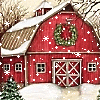 witchofthebough: A bright red barn with a big, green wreath on the loft that is being snowed on. (Snowfall on the Cozy Red Barn)