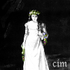 cimorene: Black and white image of a woman in a long pale gown and flower crown with loose dark hair, silhouetted against a black background (goth)