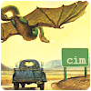 cimorene: A painting of a large dragon flying low over an old pickup truck on a highway (dragon)