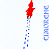 cimorene: A drawing of a person in red leaving a line of blue footprints in white snow (winter)