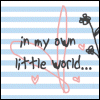 xxxbilliexxx: A drawing of a pink heart on a light blue line patterned background that says "In my own world" in black handwritten font. (Own Little World)