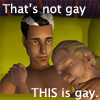 xxxbilliexxx: An image of two male sims snuggling in bed that says "that's not gay, this is gay". (Gay ts2 icon)