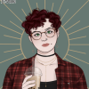 vmures: Person with pale skin, moles, and short curly dark reddish brown hair wearing a blank tank and a dark red and black flannel shirt while holding a bubble tea. (Default)
