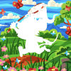 fred_mouse: white silhouette of a cartoon mouse chasing butterflies on a brightly coloured background (butterfly)