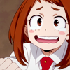 enemytosleep: [Ochaco from Boku no Hero Academia] fair-skinned girl with brown bobbed hair and rosy cheeks tries to put on a smile with tears forming in her eyes. The expression reads "I can do this!" with a splash of doubt (Ochaco under pressure)