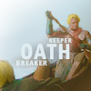tinny: GOT's Jamie and Brienne in a boat with the words oathbreaker and oathkeeper between them (got_jb oathbreaker)