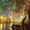 kindkit: A riverside bench with fireworks in background (Fandomless: Fireworks)