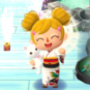 suzume: My little Suzume character with my trademark twin yellow buns, smiling, wearing a white kimono, and holding a white stuffed cat. (AC Pocket Camp)