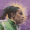 goodbyebird: Wheel of Time: profile of Nynaeve in her green coat, a burst of light behind her b (WoT the sun)