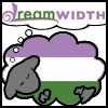 fred_mouse: line drawing of sheep coloured in genderqueer flag colours with dream bubble reading 'dreamwidth' (dreamsheep-genderqueer)