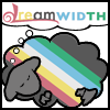 fred_mouse: line drawing of sheep coloured in capriOmni's disability pride flag colours with dream bubble reading 'dreamwidth' (dreamsheep-disability-pride)