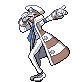 homoneurotic: A pixel sprite of Emmet from Pokemon Black/White. He is wearing a long white coat. He stands facing backwards with his finger pointing straight, then suddenly turns towards the viewer with his finger extended right. (emmet)