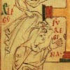 aelfgyfu_mead: Early medieval English queen and king with Ælfgyfv Regina next to figure; line drawing with colored cross (Aelfgyfu Reginae)