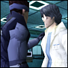 firefly99: Two game characters in early 3D. The one on the left has his hand on the other's shoulder, who seems nervous. (MGS1 - Getting friendly)
