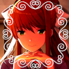 leslit: an AI who looks like a japanese girl with long ginger hair tied up in a white bow. she's lit with an orange glow, & leaning her chin on her hands with a slight smile, fingers laced thoughtfully. a fancy white border curls into spirals & heart shapes around the icon. (monika)