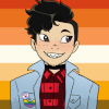leslit: a japanese butch dyke with a cheeky grin. morp's hair is black, buzzed short on the sides, floofy & unruly on the top. morp wears a red & black flannel shirt, a denim jacket with a rainbow pocket, a transfem pin badge, and a simple black collar. behind morp is the butch lesbian pride flag! (morp)