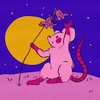 bluedreaming: pink-toned digital art of a mouse holding/reaching for a blossom under the moon, inspired by a haiku by Issa (**summer evening mouse)