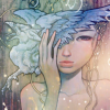 inkstone: girl holding a bird over half her face (bird)