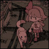 pumpkinlumpin: [Yomawari] Artwork of the protagonist walking her dog near a railing. (a nightly walk)