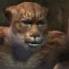 stormhelm: a brown-furred kerra (big cat/panther person) with subtle darker brown stripes and dark stormy grey eyes. they lean forward, looking interested or concerned, with a caring expression. (broan (sounds like brahn))