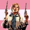 feoplepeel: A picture of Sadie Adler over a sapphic flag design (sadie)