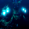 deepsong: deep in the ocean where sunlight never reaches, a gigantic face of some immense creature appears out of the darkness, four eyes glowing blue. (Drift)
