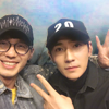 mumblemumble: selfie of bai yu and zhu yilong sitting close together and doing the peace sign ([zhubai] double victory)
