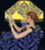 whimsyful: icon of a woman in blue and black reading in front of a yellow lamp (woman reading cole phillips blue lamp)