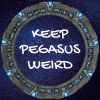 lunarriviera: stargate floating in blue star field with slogan in the middle, keep pegasus weird (pegasus)