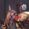 configuration_birdwatcher: Bastion looking up and to the right, with their gun arm raised (wary)