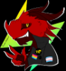 gwenstarlight: A pick of a dragon with tiger eyes and a leather jacket with leftist pins and patches with a confident smile (Zem Fireheart)