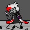 werewire: a stick figure in a labcoat, its hair has blood on it and there is a purple stain coming from a pocket on its right side. (ashley)