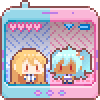 ai: a pale haired boy and blue haired girl bouncing together in some kind of digital pet device (mahou & michael digi)
