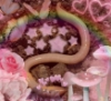 o0o0wormy0o0o: A photo of an earthworm on soil, edited with a pink filter and many pink stickers and images similar to a kpop fan edit (Default)