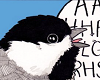 walgesang: from the comic by False Knees: a chickadee with a word cloud that has garbled letters in all caps (arghlbgldgs)