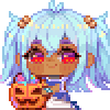 ai: a blue haired girl giggling while sitting next to a jack o lantern (mk halloween)