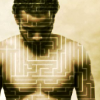 krja: a maze superimposed onto a picture of a shirtless man looking down (maze)