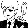 militarypenguin: Reigen holding out a hand to Uu-chan, who sits perched on his shoulder with a speech bubble reading "Uu~...", from a Mob Psycho 100 omake. (MP100 - Reigen and Uu)